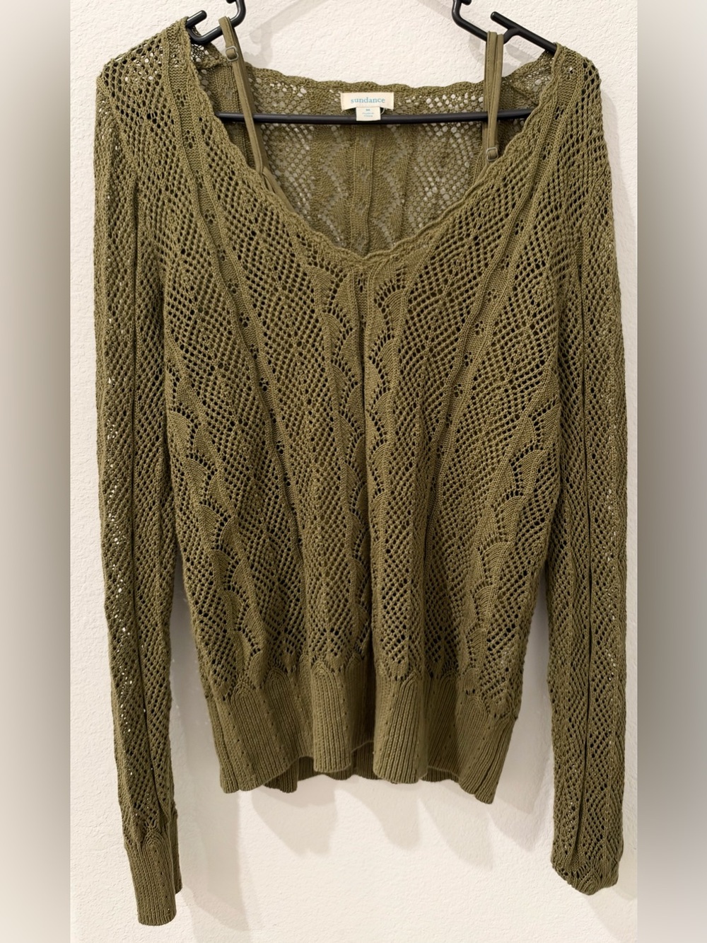 Lace-Knit V-Neck Sweater in Olive by Sundance .
